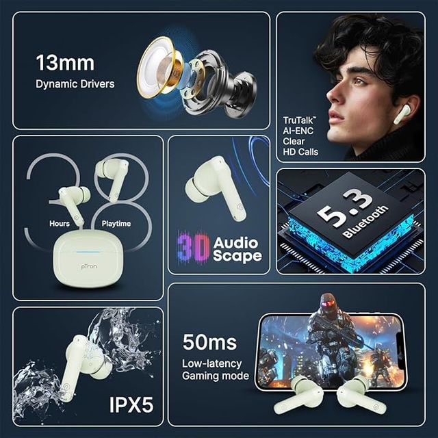 pTron Bassbuds Duo Pro TWS Earbuds | TruTalk AI-ENC Calls | 38H Playback Time | Movie/Music Modes - Light Green