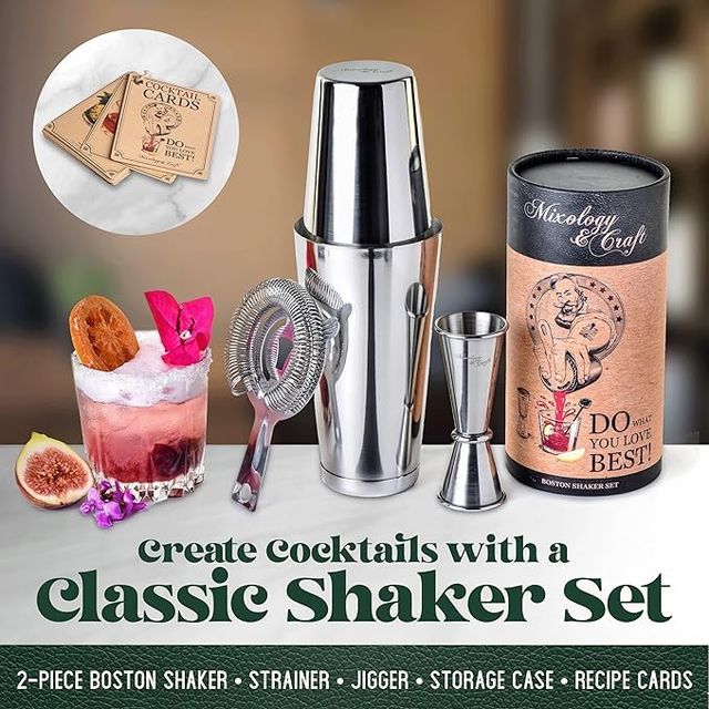 Lifelong Mixology Cocktail Shaker Set | Weighted Boston Shaker,  Strainer & Japanese Jigger