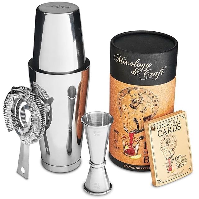 Lifelong Mixology Cocktail Shaker Set | Weighted Boston Shaker,  Strainer & Japanese Jigger
