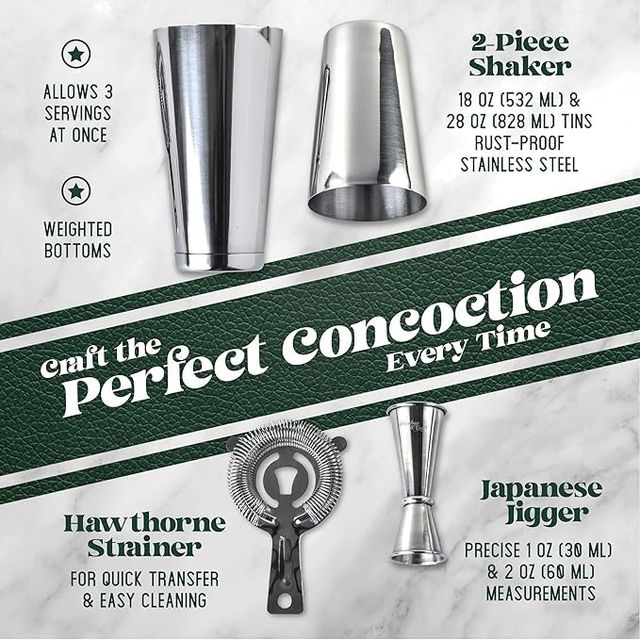 Lifelong Mixology Cocktail Shaker Set | Weighted Boston Shaker,  Strainer & Japanese Jigger