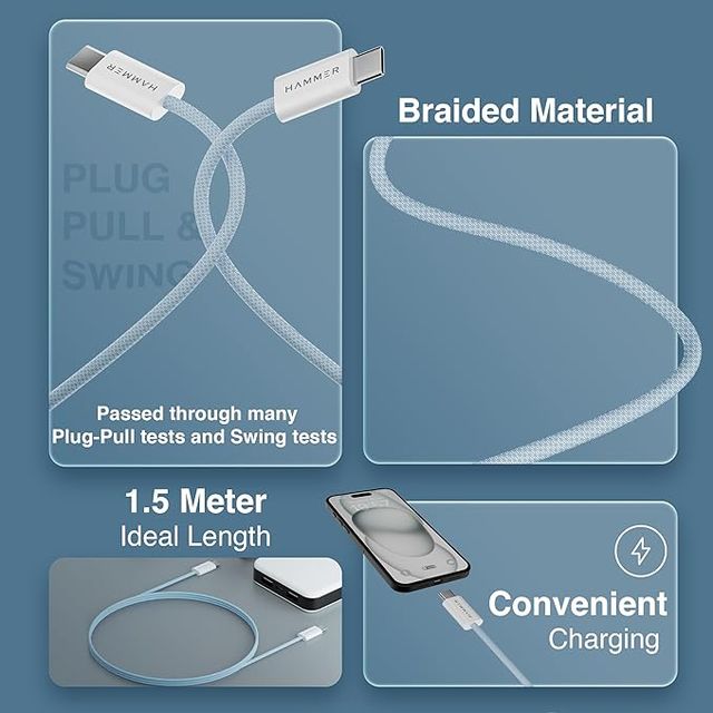Hammer 65W Type C To Type C Braided Cable| Pd Fast Charging| Data Sync| 1.5 Meter (Blue)