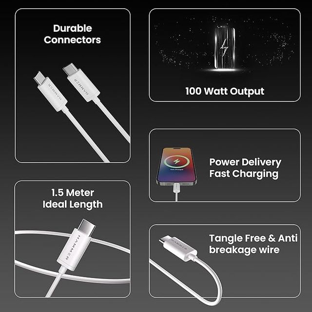 Hammer 1.5 Meter Type C To Type C 5A(100W) Pd Fast Charging Cable With Emk Chip|Rapid Data Transfer