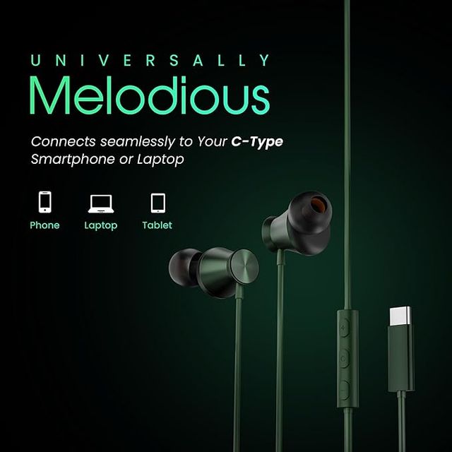 Hammer Nova In Ear C Type Earphones Wired With Mic|13Mm Driver In-Line Control|Metallic Built Green