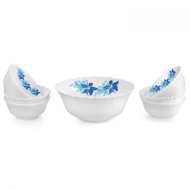 Cello Blue Swirl Dazzle Series Opalware Pudding Set Microwave & Dishwasher Safe Set Of 7 White