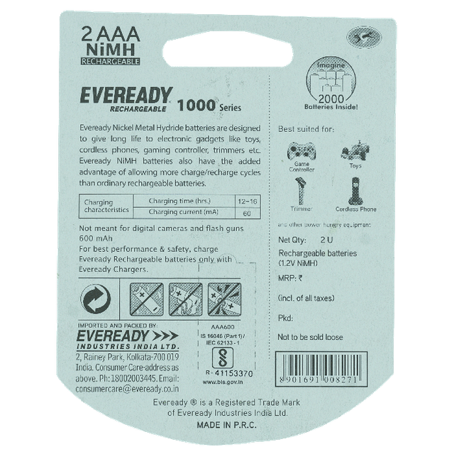 Eveready Rechargeable AAA BP2 600 NIMH Battery(1000 Series)