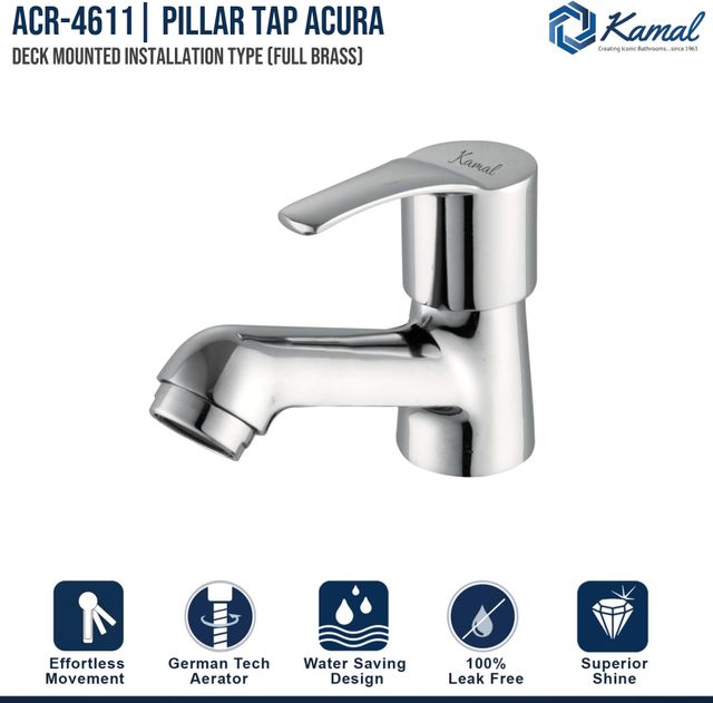 Kamal Pillar Tap Acura | Brass Conventional Design|German Tech Aerator Acr-4611 Pillar Tap Faucet