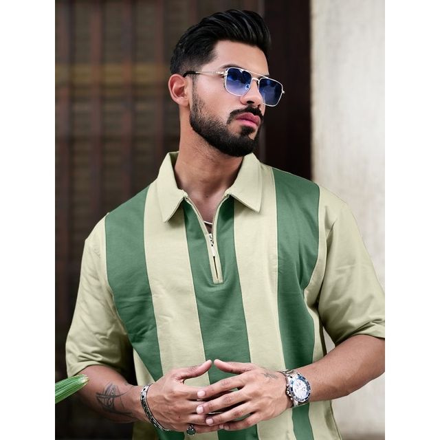 Maniac Men's Vertical Stripes Polo Neck Half Sleeve Cotton T-shirt | Biscuit & Hunter Green - M