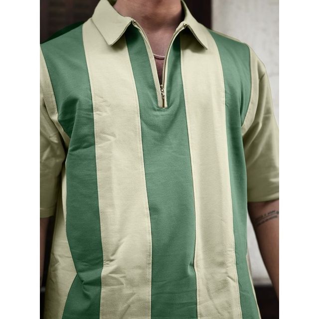 Maniac Men's Vertical Stripes Polo Neck Half Sleeve Cotton T-shirt | Biscuit & Hunter Green - M