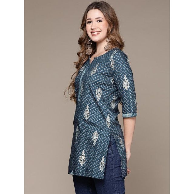 Anubhutee Women's Ethnic Motifs Printed Kurti | Blue and White - M