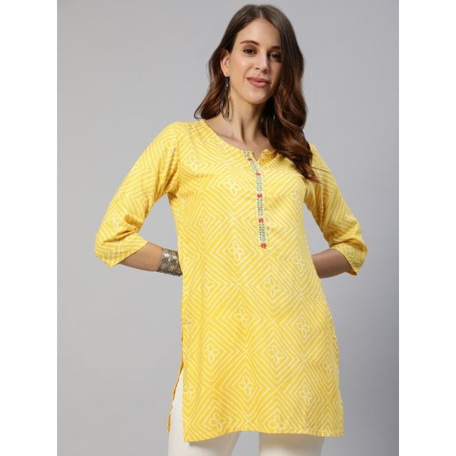 Anubhutee Bandhani Printed Kurti | White and Yellow - XL