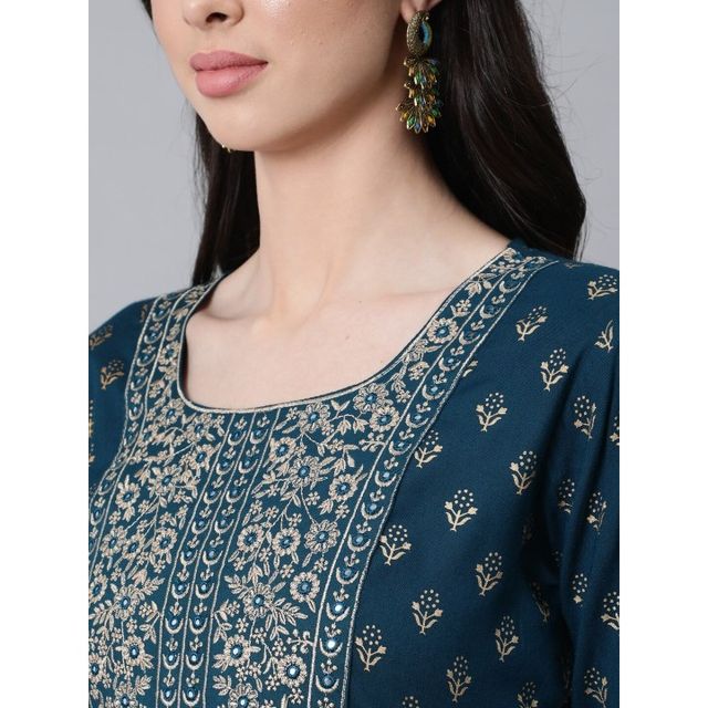 Anubhutee Women's Ethnic Motifs Embroidered Work Kurta with Trousers and Dupatta | Navy Blue - S
