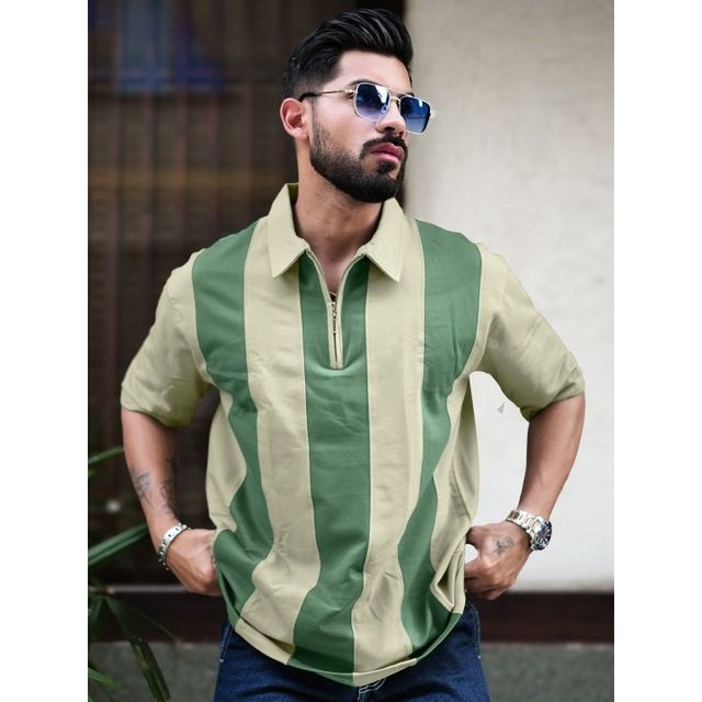 Maniac Men's Vertical Stripes Polo Neck Half Sleeve Cotton T-shirt | Biscuit & Hunter Green - M