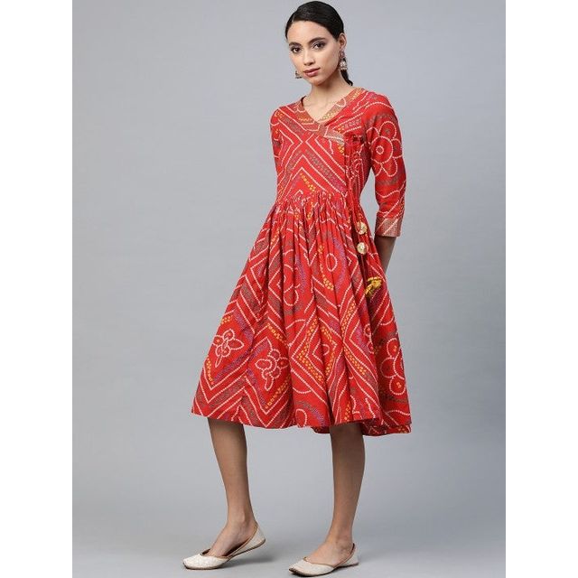 Anubhutee Bandhani Printed Pure Cotton Angrakha A-Line Dress | Red and White - L