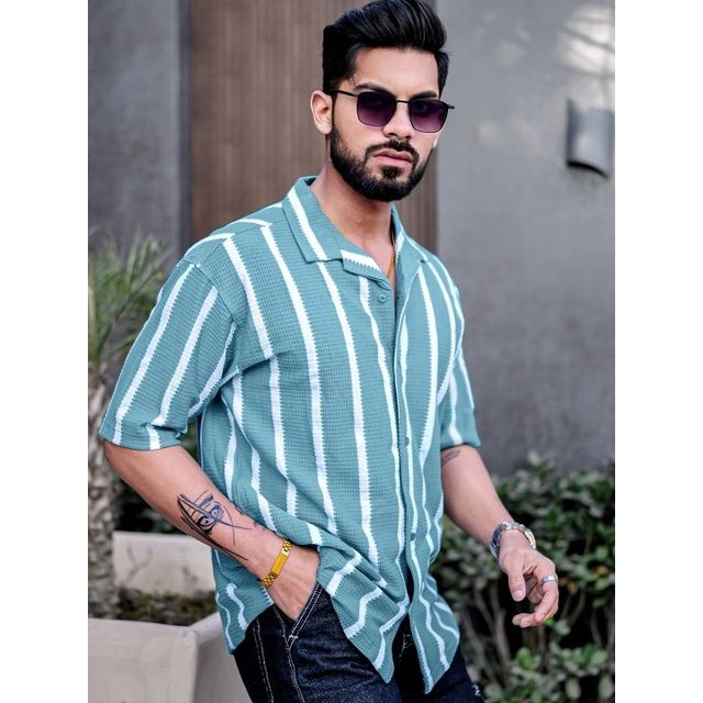 Maniac Men's Striped Collared Neck Half Sleeve Blue Popcorn Knitted Shirt | Blue | L