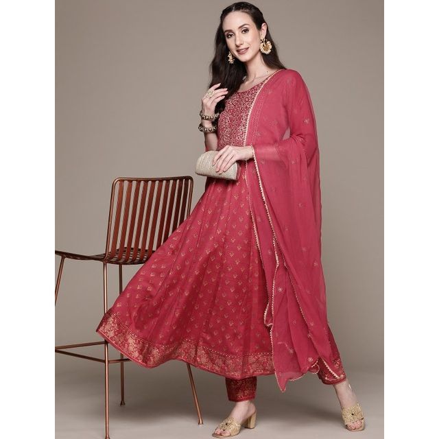 Anubhutee Women's Mirror Work Kurta with Trousers With Dupatta | Fuchsia - M