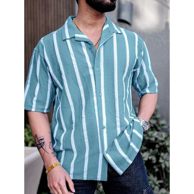 Maniac Men's Striped Collared Neck Half Sleeve Blue Popcorn Knitted Shirt | Blue | L