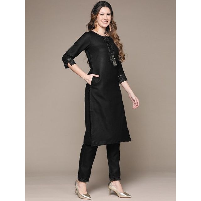 Anubhutee Women's Gotta Patti Dori Tassel Kurta Set with Trousers | Black - S