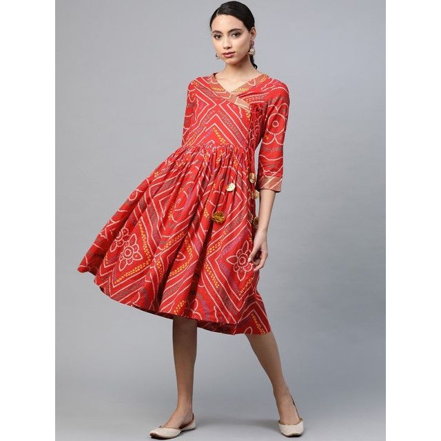 Anubhutee Bandhani Printed Pure Cotton Angrakha A-Line Dress | Red and White - L