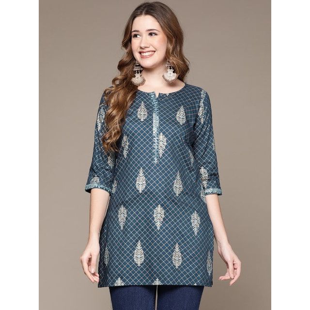 Anubhutee Women's Ethnic Motifs Printed Kurti | Blue and White - M