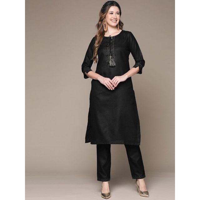 Anubhutee Women's Gotta Patti Dori Tassel Kurta Set with Trousers | Black - S