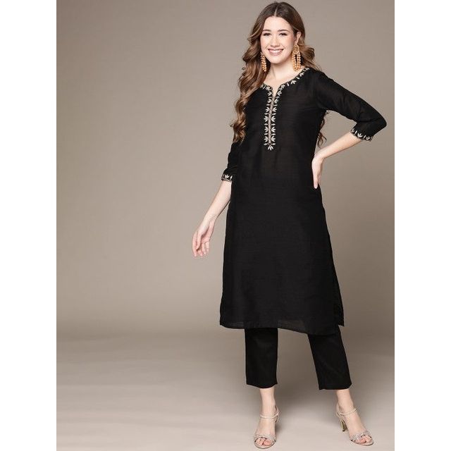 Anubhutee Women's Ethnic Motifs Embroidered Kurta with Trousers | Black - S
