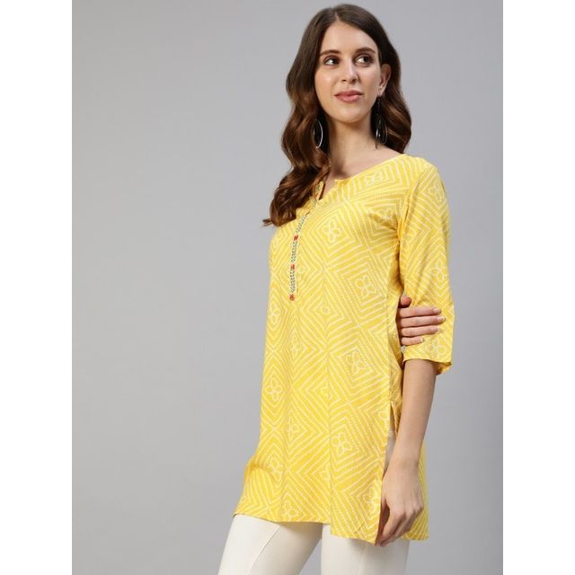 Anubhutee Bandhani Printed Kurti | White and Yellow - XL