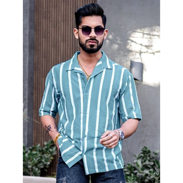 Maniac Men's Striped Collared Neck Half Sleeve Blue Popcorn Knitted Shirt | Blue | L