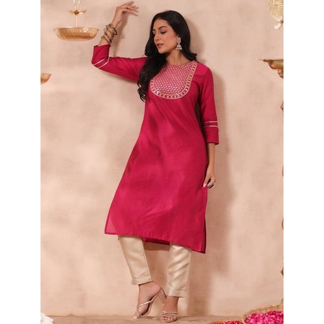 Anubhutee Women's Ethnic Straight Silk Blend Kurta | Fuchsia Pink - S