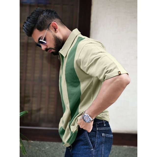 Maniac Men's Vertical Stripes Polo Neck Half Sleeve Cotton T-shirt | Biscuit & Hunter Green - M