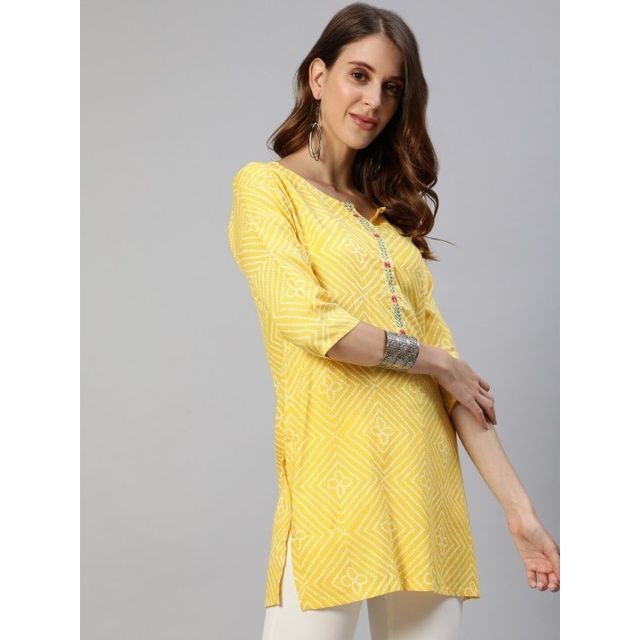 Anubhutee Bandhani Printed Kurti | White and Yellow - XL