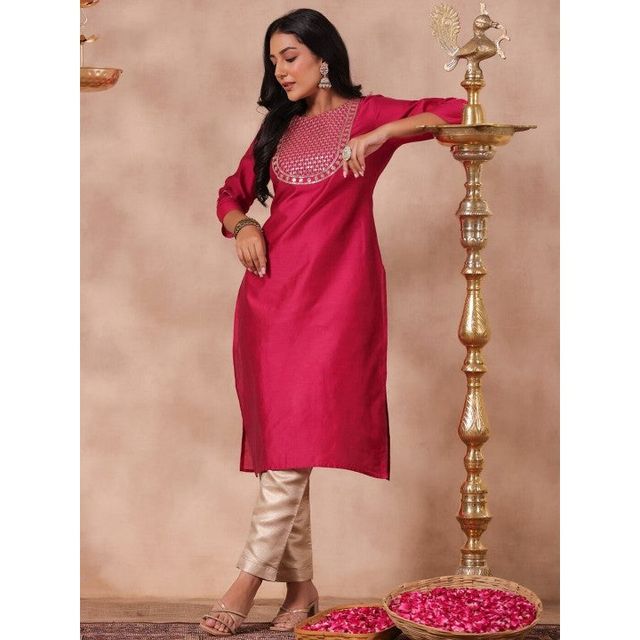 Anubhutee Women's Ethnic Straight Silk Blend Kurta | Fuchsia Pink - S