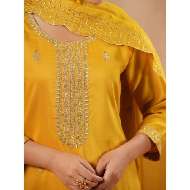 Ishin Women Straight Ethnic Poly Silk Kurta Set with Dupatta | INWSDAW231202 | Mustard - M