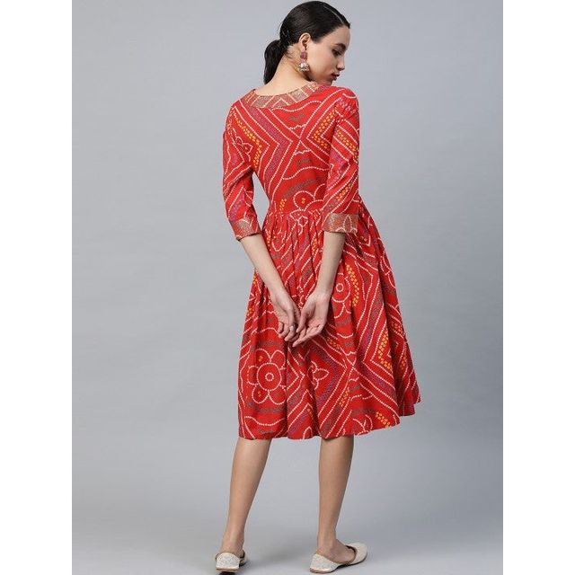 Anubhutee Bandhani Printed Pure Cotton Angrakha A-Line Dress | Red and White - L