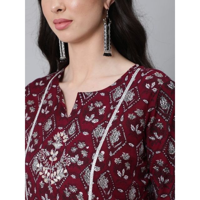 Anubhutee Women's Ethnic Motifs Thread Work Pure Cotton Kurta with Trousers & Dupatta | Maroon - M