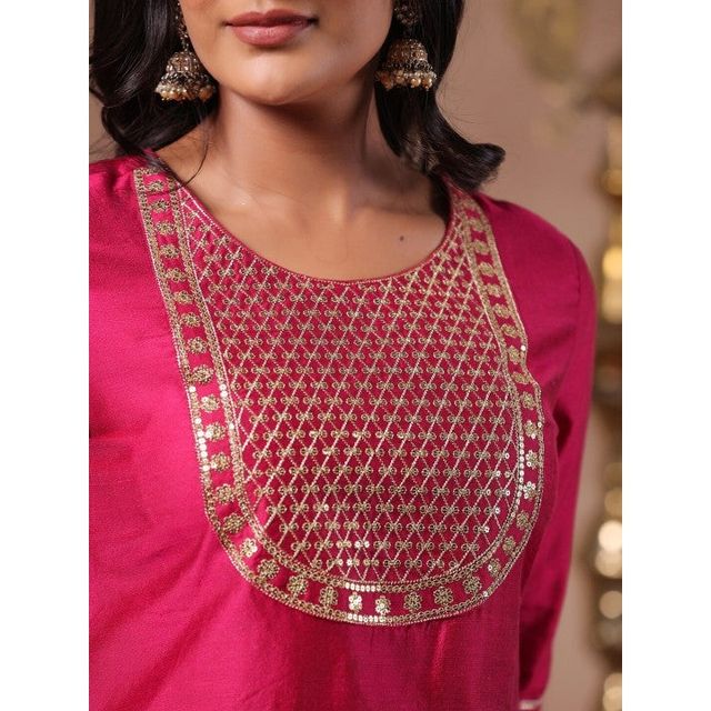 Anubhutee Women's Ethnic Straight Silk Blend Kurta | Fuchsia Pink - S