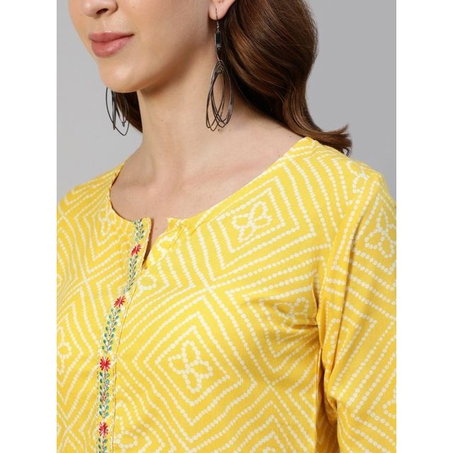 Anubhutee Bandhani Printed Kurti | White and Yellow - XL