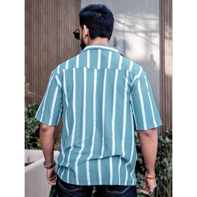 Maniac Men's Striped Collared Neck Half Sleeve Blue Popcorn Knitted Shirt | Blue | L