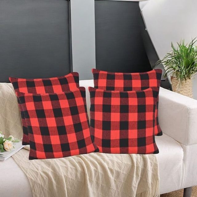 Lushomes Cushion Covers - Red-Black Checks | Cotton | 16 x 16 inch