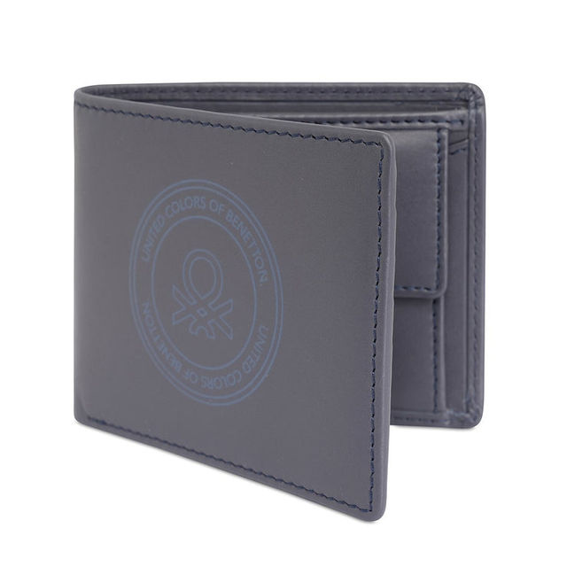 United Colors Of Benetton Men's Logo Genuine Leather Global Coin Wallet | Navy - Free Size
