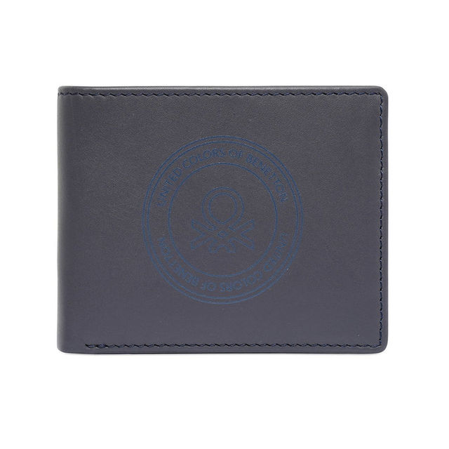 United Colors Of Benetton Men's Logo Genuine Leather Global Coin Wallet | Navy - Free Size