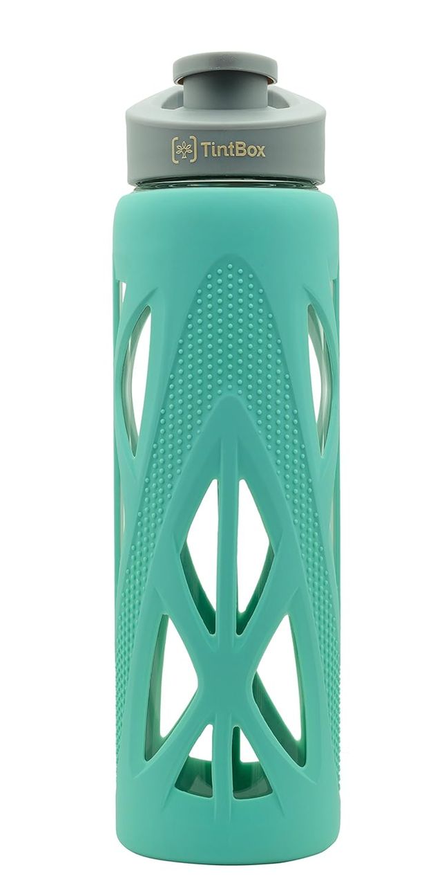 Tintbox Borosilicate Glass Water Bottle With Silicone Sleeve, 750 Ml, Cool Green