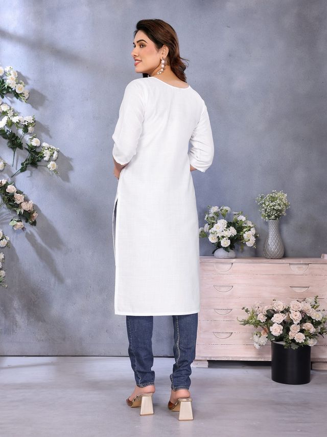 Riglozi White 3/4 Sleeves Cotton Made White Long Round Neck Regular wear Kurti for Women | S