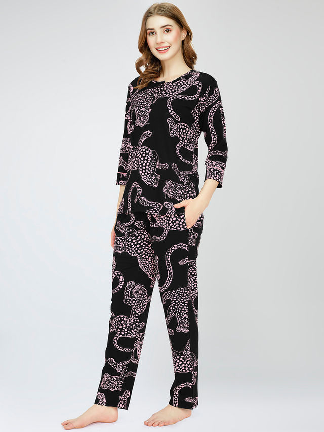 Zeyo Night Suit for Women Black Leopard Printed Cotton Night Dress of Top & Pajama Set 5787-BK- XXL