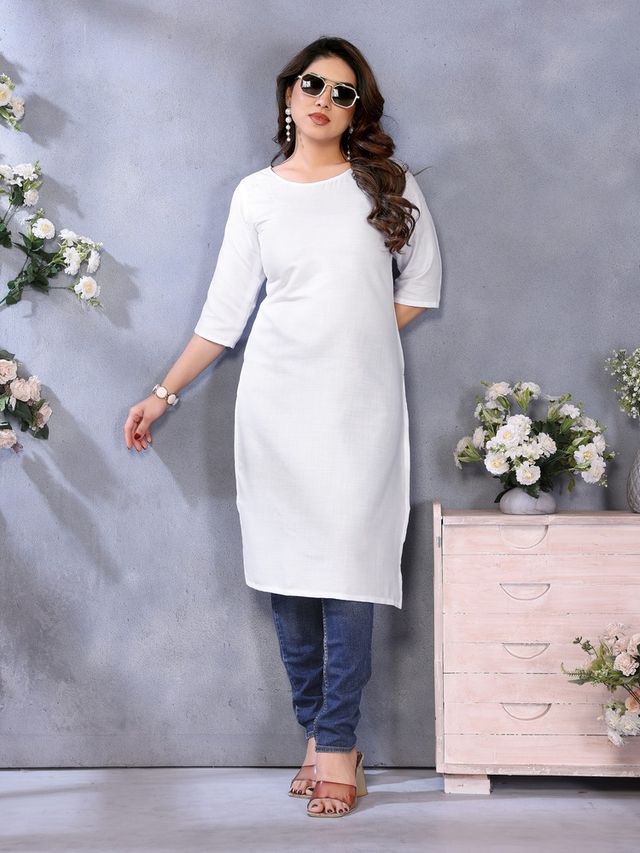 Riglozi White 3/4 Sleeves Cotton Made White Long Round Neck Regular wear Kurti for Women | S