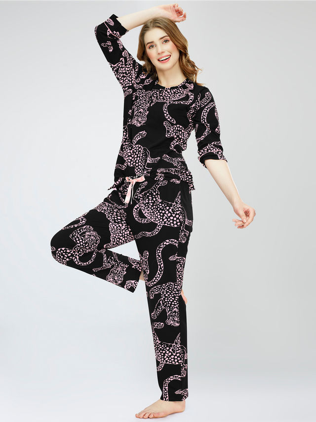 Zeyo Night Suit for Women Black Leopard Printed Cotton Night Dress of Top & Pajama Set 5787-BK- XXL