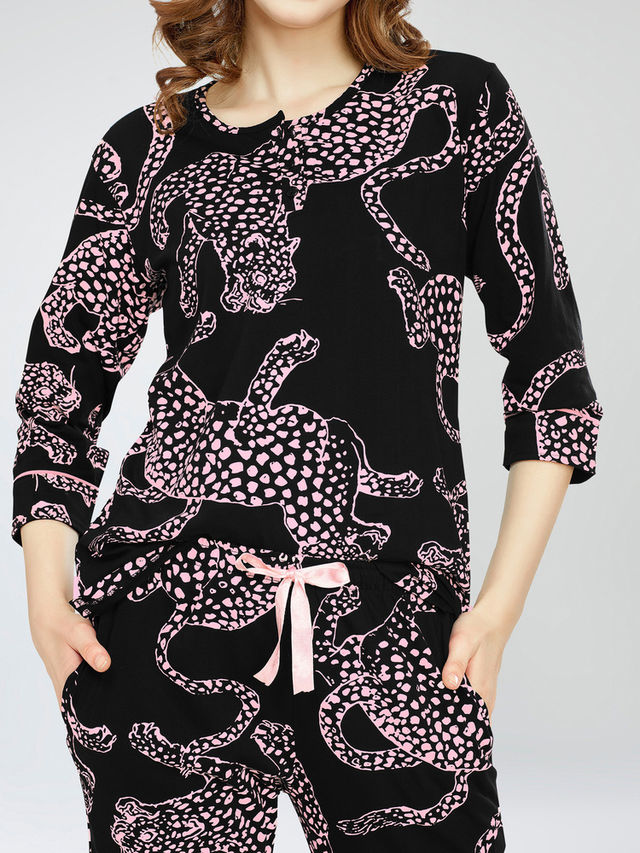 Zeyo Night Suit for Women Black Leopard Printed Cotton Night Dress of Top & Pajama Set 5787-BK- XXL