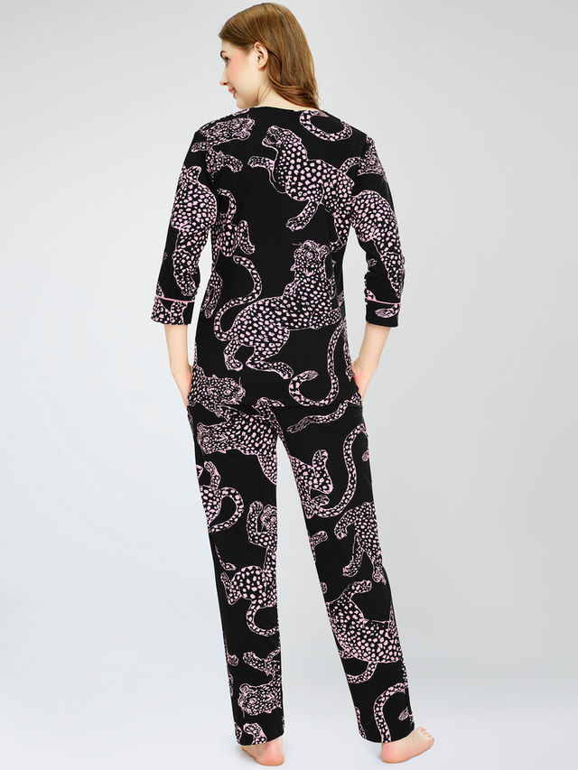 Zeyo Night Suit for Women Black Leopard Printed Cotton Night Dress of Top & Pajama Set 5787-BK- XXL