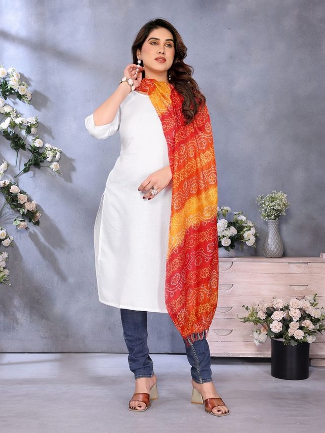 Riglozi White 3/4 Sleeves Cotton Made White Long Round Neck Regular wear Kurti for Women | S