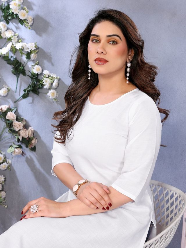 Riglozi White 3/4 Sleeves Cotton Made White Long Round Neck Regular wear Kurti for Women | S