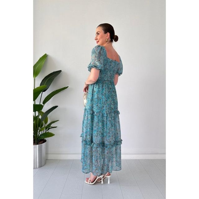 Sheetal Women's Floral Print Georgette Tiered Maxi Dress | DR11262 | Turquoise - S